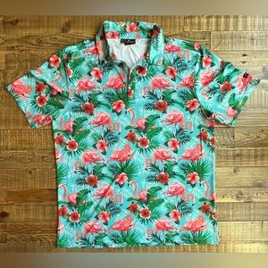 Yatta Golf Shirt Mens XL Blue Short Sleeve Golf Performance Flamingo Hawaiian